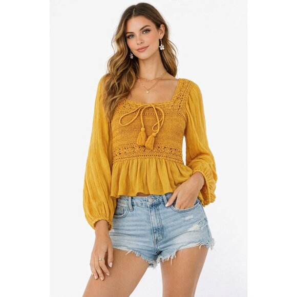 American Eagle Outfitters Tops - American Eagle Mustard Crochet Peasant Blouse Boho Festival Top Size Medium